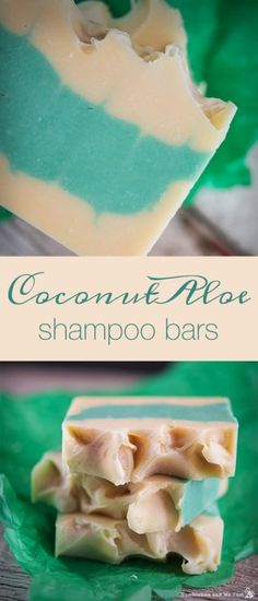 two bars of soap sitting on top of each other with the words coconut apple shampoo bars