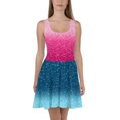 Taylor inspired concert outfit, pink and blue. This cute outfit is great for Halloween, concerts, or Taylor parties.  (Made when ordered.)  *Does NOT have real glitter or sequins, design is printed onto fabric.*  Comes in adult sizes XS up to 3XL.  Dress to impress with this sleeveless skater dress! The soft fabric and flared skirt give it an elegant twist that brings out the intricate design with a beautiful vibrancy. * 82% polyester, 18% spandex * Fabric weight: 6.78 oz/yd² (230 g/m weight may vary by 5% * Smooth and elastic fabric * Mid-thigh length flared skirt * Elastic waistline * Overlock seams, coverstitch hemline * Blank product components sourced from China This product is made especially for you as soon as you place an order, which is why it takes us a bit longer to deliver it t Pink Glitter Dress For Spring, Pink Glitter Dresses For Spring, Spring Pink Glitter Dress, Pink Dress For Summer Costume Party, Pink Fun Dress For Costume Party, Fun Pink Dress For Costume Party, Pink Stretch Dress For Costume Party, Pink Disco Dresses For Summer, Fitted Fun Blue Dress