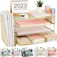 the desk organizer is organized and ready to be used as a calendar holder or office supplies