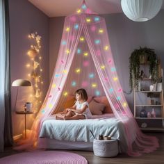 Pink Canopy for Girls Bed with Pre-Glued Glow in the Dark Unicorns - Princess Mosquito Net Room Decor - Kids & Baby Bedroom Tent with Galaxy Lights - 1 Opening Canopy Bed & Hanging Kit Included Purple Canopy Bed, Craft Ideas For Bedroom, Purple Canopy, Pink Bed Canopy, Whimsical Bedding, Dreamy Wallpaper, Purple Bed, Purple Girls Room, Kids Bed Canopy