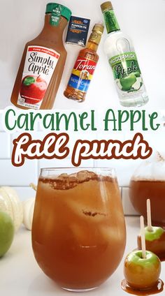 caramel apple face punch in a glass with apples and cinnamon on the table next to it