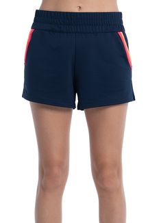 The retro vibes are high on this midnight, performance French terry short. Featuring a fit that sits higher on the waist, retro striping pocket detail and a built-in shortie. Sporty Gym Activewear With Contrast Trim, Navy Stretch Sporty Shorts, Short Sports Bottoms With Contrast Stripes, Navy Athleisure Activewear, Short Length, Sporty Stretch Navy Shorts, Sports Shorts With Contrast Trim And Stretch, Stretch Sports Shorts With Contrast Trim, Sports Bottoms With Contrast Trim In Short Length, Sporty Bottoms With Contrast Trim In Short Length