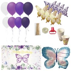 birthday party supplies including balloons, cups and butterflies