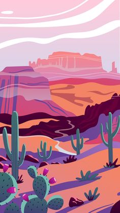 a desert scene with cacti and mountains in the background, including a pink sky