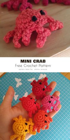 crocheted mini crab is shown in three different colors and sizes, including pink, red, yellow, orange, and black