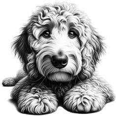 a black and white drawing of a dog laying on the ground with its paws crossed