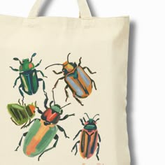 four colorful bugs on a white tote bag with the words, i love bugs