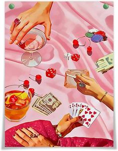 a painting of people playing cards at a table with drinks and dices on it