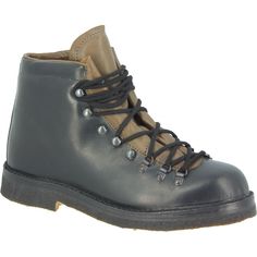 Unisex mountain boot made entirely by hand with full grain vegetable tanned leathers in Italy.  The color is black in contrast with the tongue and the internal lining which is smog color. The colors used can be customized by choosing from the available colors.  The sole is crepe: a natural rubber from a Brazilian plant. Rugged Black Lace-up Boots With Vibram Sole, Black Rugged Lace-up Boots With Vibram Sole, Rugged Black Hiking Boots With Rubber Sole, Black Lace-up Boots With Vibram Sole For Hiking, Outdoor Boots With Rubber Sole In Vegetable Tanned Leather, Outdoor Boots With Rubber Sole And Vegetable Tanned Leather, Black Moc Toe Hiking Boots With Vibram Sole, Black Leather Hiking Boots With Lug Sole, Rugged Black Lace-up Boots With Leather Sole