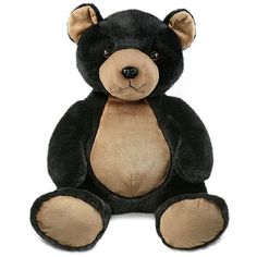 a black and brown teddy bear sitting up against a white background