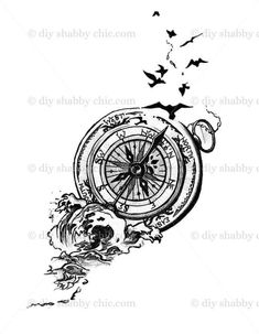 a black and white drawing of a compass with bats coming out of the back ground