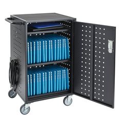 a black metal cart with blue folders on wheels and two doors that are open