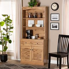 a wooden hutch sitting in the corner of a living room