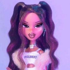 a barbie doll with long hair wearing a white shirt and purple fur stole around her neck