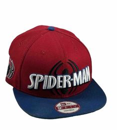 a red and blue hat with the word spider man on it