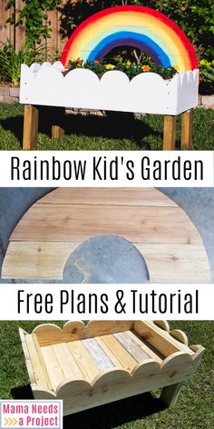 an outdoor bench made out of pallets and wood with rainbow kid's garden