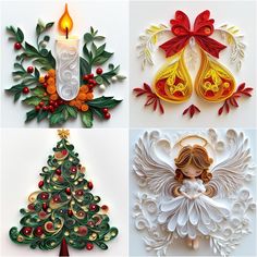 four different christmas decorations made out of quilled paper and decorated with bows, bells, holly wreaths, angel wings and candle