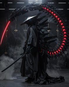 a man dressed as darth vader standing in front of a circular object with red lights