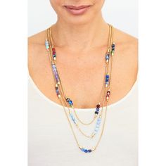 Long colorful necklace is gold with cloth bead pieces. The 3 stands connect at the back it is made from metal and fabric. It measures 22" with a 2.5" extender Colorful Necklace, Beach Combing, Colourful Necklace, 3 Things, Strand Necklace, The 3, Accent Pieces, Decorative Objects, Accent Decor