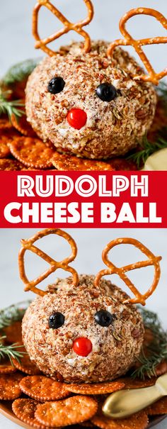 rudolph cheese ball with pretzels on top