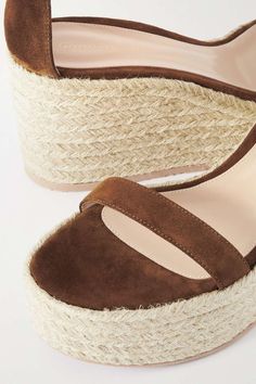 Tan 45 suede espadrille wedge sandals | GIANVITO ROSSI | NET-A-PORTER Luxury Summer Wedge Sandals, Luxury Platform Sandals For Summer, Luxury Summer Platform Sandals, Chic Open Heel Espadrilles For Vacation, Luxury Round Toe Sandals For Summer, Brown High Heel Espadrilles For Summer, Vacation Espadrilles With Removable Insole And Open Heel, Luxury Platform Heels For The Beach, Luxury Wedge Heel Sandals For Beach