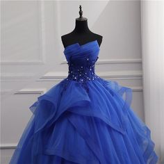 Blue Tulle Ball Gown Lace Beaded Long Quinceanera Dresses, Blue Sweet 16 Dress Wedding Party Dress Long Sweet 16 Dresses, Formal Dress Blue, Dress Blue Long, Blue Lace Prom Dress, Strapless Ball Gown, Sweet 16 Dress, Formal Dresses Graduation, Tulle Balls, Quinceanera Dresses Blue