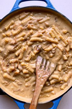 a skillet filled with macaroni and cheese