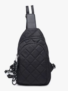 Black Quilted Sling Bag Material: Nylon- Hardware is Silver Details: Dimensions: 6.7" l x 4.3" w x 10.6" h • Weight: 1 lb Strap is Black and White stripe. ***This item is a pre-order item. Black Nylon Bags, Portable Black Nylon Bags, Versatile Nylon Chest Bag With Mobile Phone Pocket, Versatile Nylon Chest Bag With Mobile Phone Holder, Nylon Crossbody Chest Bag For Daily Use, Daily Use Nylon Crossbody Chest Bag, Black Nylon Crossbody Shoulder Bag, Black Nylon Chest Backpack, Black Chest Bag Backpack For Mobile Phone