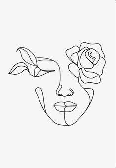 a black and white drawing of a woman's face with flowers on her head