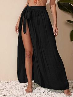 Knot Waist Cover Up Skirt | EMERY ROSE Shein Summer, Black Cover Up, Skirt Coverup, Coverup Beach, Coverup Skirt, Half Skirt, Beach Skirt, Bathing Suit Cover Up, Women's Cover Up