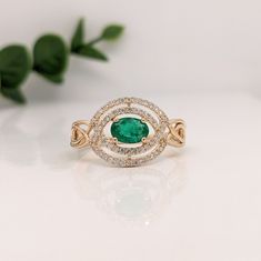 Emerald Ring in Solid 14k Yellow, White or Rose Gold w Celtic Shank and Diamond Double Halo | Oval 6x4mm | May Birthstone | Wide | Infinity Green Emerald Diamond Ring With Pave Setting, Green Emerald Ring With Pave Setting For May Birthstone, May Birthstone Emerald Ring With Pave Setting, Green Emerald Halo Diamond Ring, 14k Gold Green Emerald Ring With Halo, 14k Gold Green Cluster Ring With Halo Setting, 14k Gold Green Halo Ring, Green Emerald Halo Ring, East West Ring