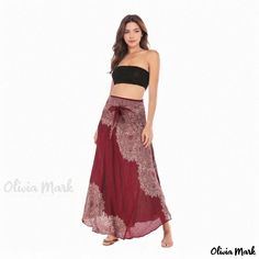 Olivia Mark - Casual Dress Skirt, Beach Vacation Skirt, Two-Way Wearing Flowy Skirt Belly Dance Long Skirt With Elastic Waistband For Beach Season, Summer Belly Dance Long Maxi Skirt, Red Long Wrap Skirt For The Beach, Flowy Wide-leg Beach Skirt, Flowy Wide Leg Beach Skirt, Summer Belly Dance Long Skirt, Summer Long Skirt For Belly Dance, Red Flared Maxi Skirt For Beach, Red Flared Maxi Skirt For The Beach