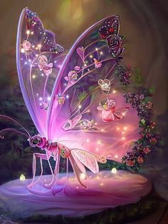 a pink butterfly sculpture with fairy lights on it's wings and some butterflies flying around