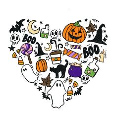 halloween stickers in the shape of a heart with ghost, pumpkins and other decorations