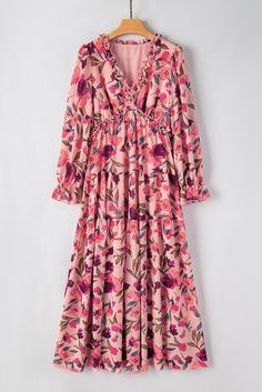 This elegant maxi dress will dress up your daily outfit. The sophisticated floral print is so elegant with a flowy fit. Abstract geometric print makes the dress very unique and eye-catching. Long sleeve midi dress with high waist and loose fit for most body shape. The ruffled design in the long dress is very elegant and sweet Spring Floral Print Chiffon Maxi Dress, Pink Maxi Dress For Garden Party In Fall, Pink Maxi Dress For Fall Garden Party, Flowy Floral Print Midi Dress For Fall, Chic Tiered Maxi Dress With Floral Print, Modest Flowy Floral Print Midi Dress, Fall Floral Print Tiered Midi Dress, Fall Pink Printed Maxi Dress, Fall Floral Print Maxi Dress