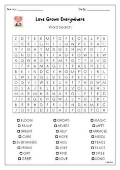 love grows everywhere word search printable worksheet