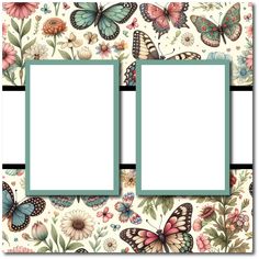 two frames with butterflies and flowers on the sides, both have green trimmings