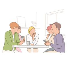 three people sitting at a table talking to each other while holding drinks in their hands