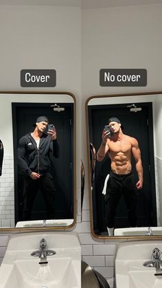 a man taking a selfie in front of a mirror with his shirt off and no cover on