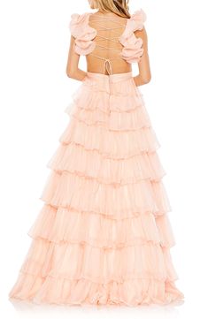 Frothy meets flirty in this bubbly gown cut from airy tulle and finished in rows of ruffles plus a strappy, open back. 61" length Hidden back-zip; ties behind back Plunge neck Sleeveless Lined 100% polyester Spot clean Imported Asian Owned/Founded Ruffle Tulle Dress, Prom Formal Dresses, Neutral Dresses, Engagement Party Dresses, Blush Gown, Vestidos Color Rosa, Spring Wedding Guest Dress, Navy Blue Bridesmaid Dresses, Purple Prom Dress