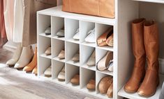 several pairs of women's shoes and purses are lined up on a shelf