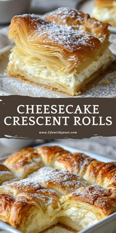 cheesecake crescent rolls with powdered sugar on top and in a baking pan next to each other