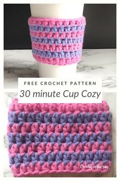 the crochet coffee cup cozy is shown in two different colors