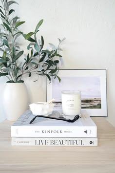 two books and a candle on a table with a plant in the corner next to it