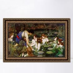 the painting depicts women bathing in a pond with lily pads and other water lillies