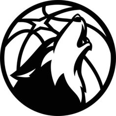 a black and white wolf head logo in a circle with the word basketball on it