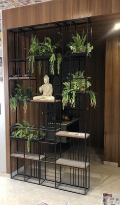 a room filled with lots of plants and bookshelves on top of each other