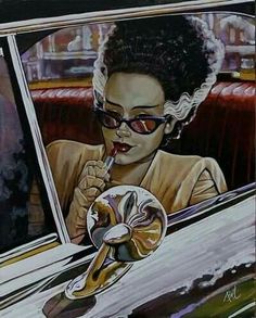 a painting of a woman in a car brushing her teeth with a mirror on the door