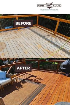 before and after photos of a deck being cleaned