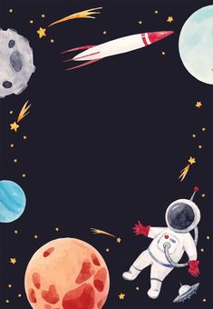 an astronaut is in the space with planets and rockets